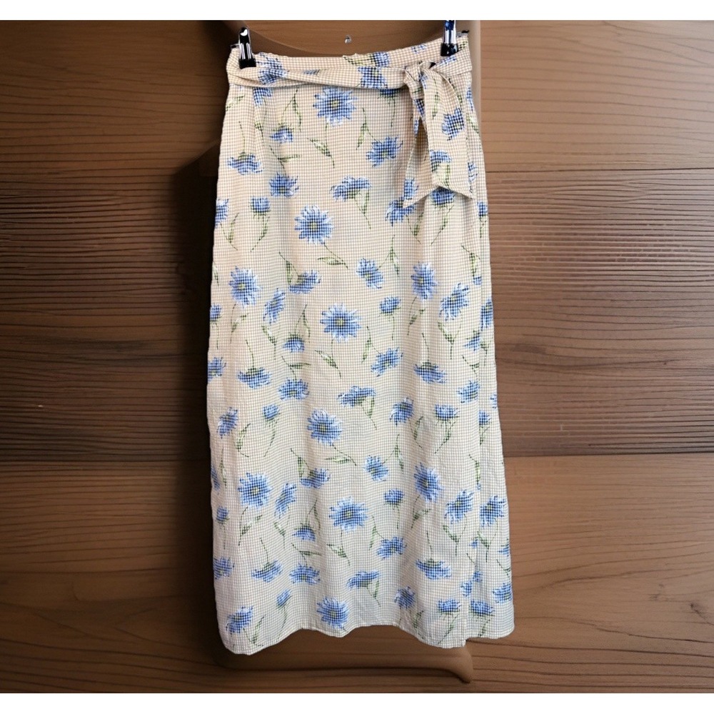 Vintage Long Skirt Floral‎ 18W Elastic Tie Gingham Beige Blue Flowers Romantic